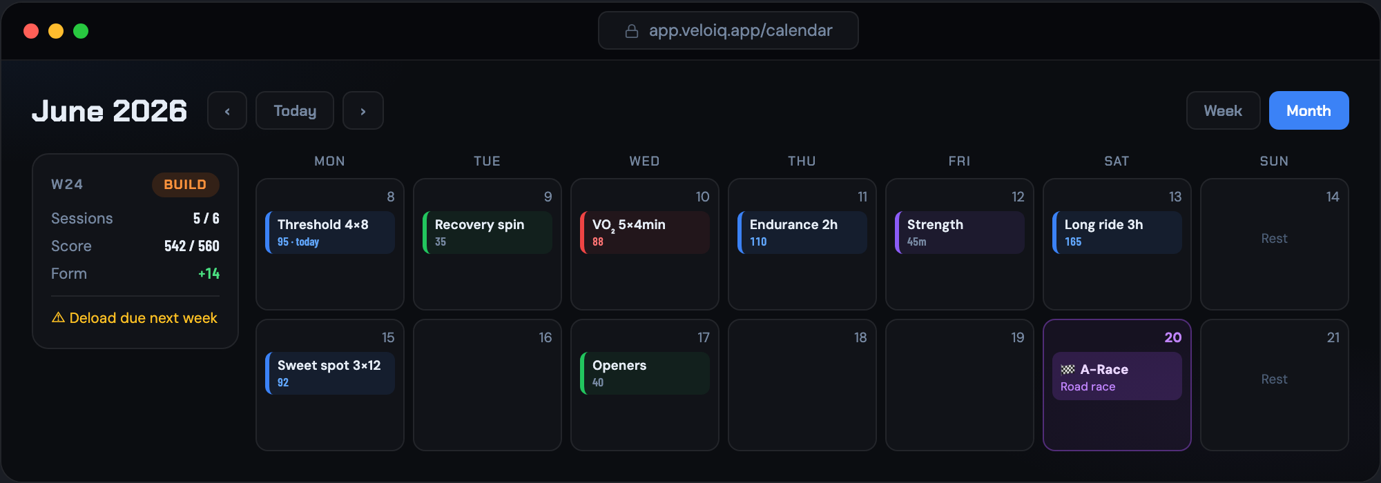 Periodised training calendar with structured workouts, phases and an A-race