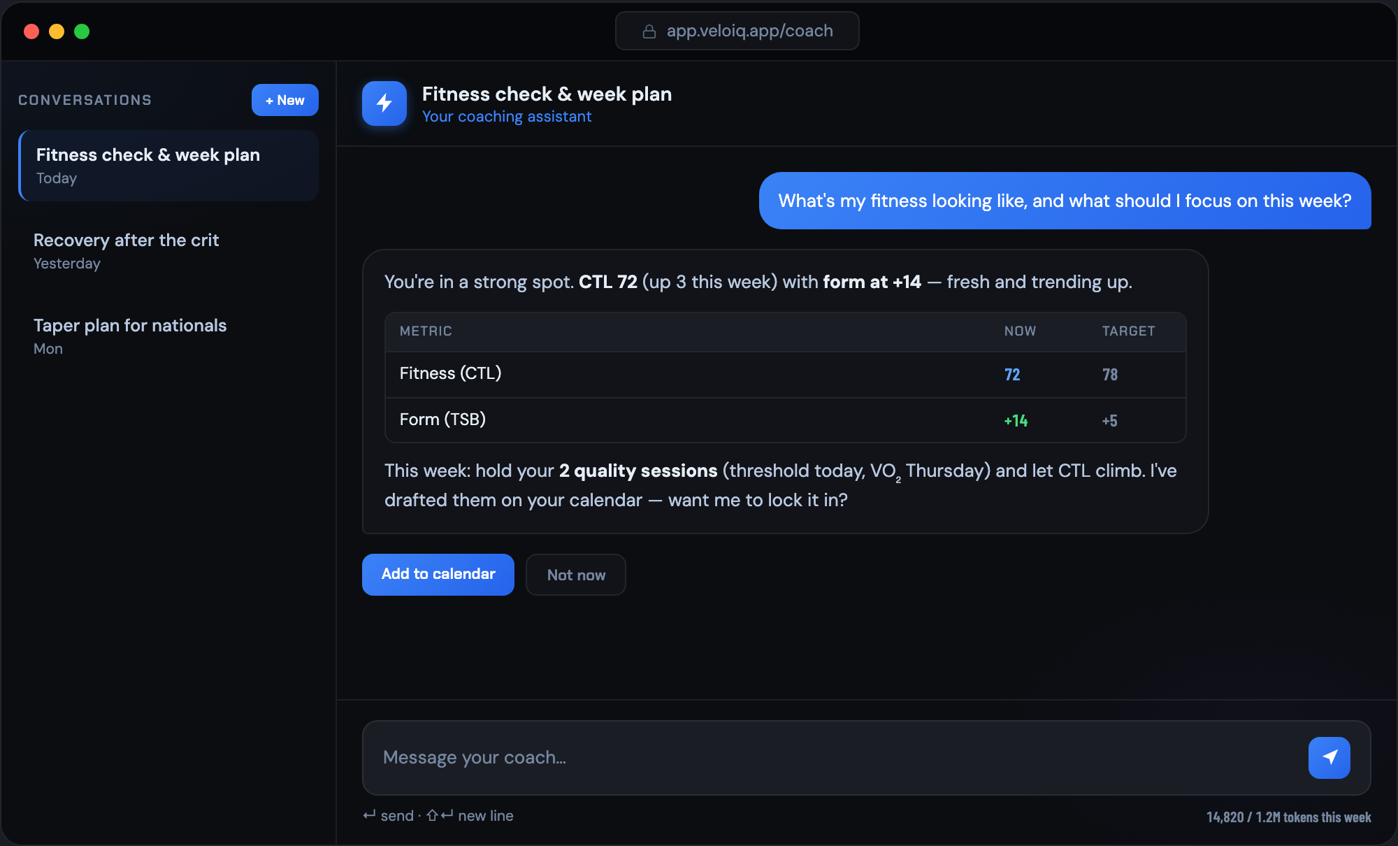 AI Coach chat answering a training question grounded in the athlete's own data
